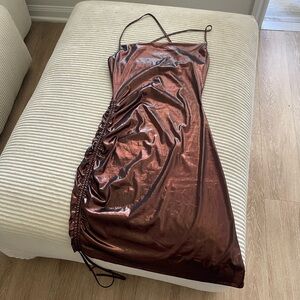 Shiny Brown Ruched Slip Dress